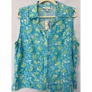 Dressbarn Womens Sleeveless Floral Button-Up Blouse XL Blue & Green Rayon